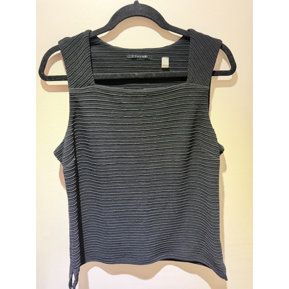 T Tahari Black Textured Knit Square Neck Sleeveless Top Large